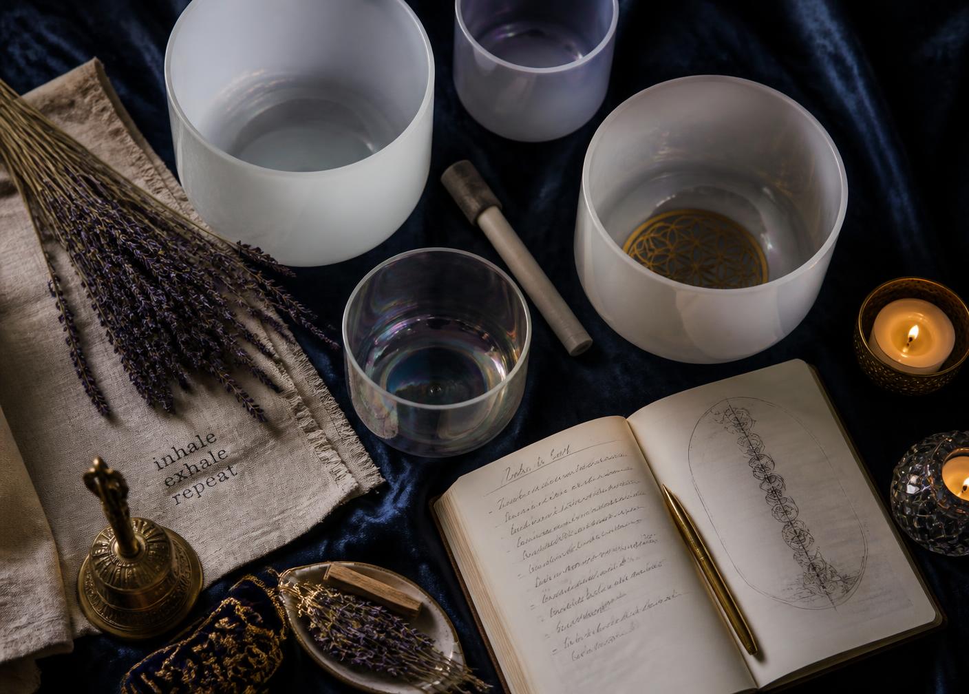 Overhead of crystal singing bowls, lavender, journal and candles on indigo velvet